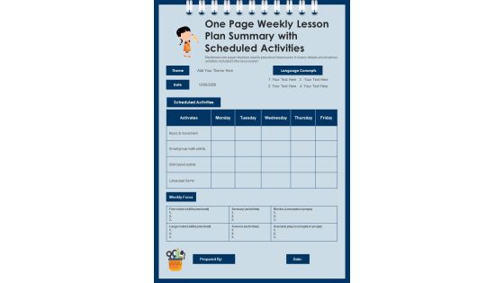 One Page Weekly Lesson Plan Summary With Scheduled Activities PDF Document PPT Template