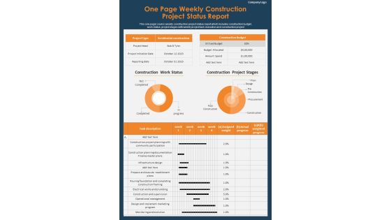 One Page Weekly Progress Summary For Building Construction Project PDF Document PPT Template One Page Weekly Progress Summary For Building Construction Project PDF Document PPT Template