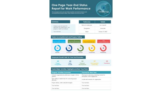 One Page Year End Status Report For Work Performance PDF Document PPT Template One Page Year End Status Report For Work Performance PDF Document PPT Template