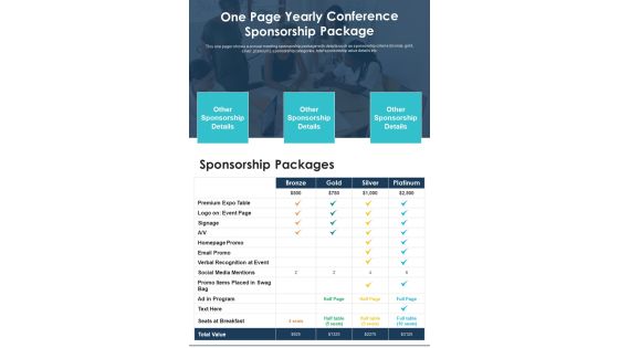 One Page Yearly Conference Sponsorship Package PDF Document PPT Template One Page Yearly Conference Sponsorship Package PDF Document PPT Template