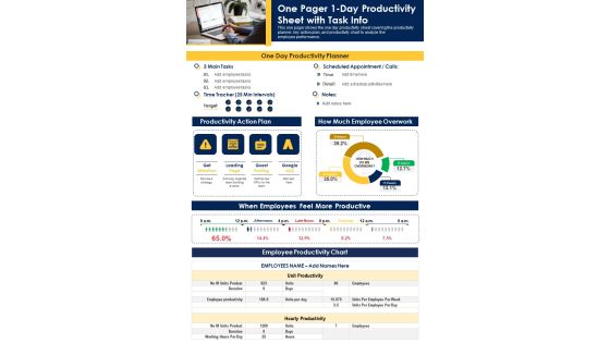One Pager 1 Day Productivity Sheet With Task Info PDF Document PPT Template One Pager 1 Day Productivity Sheet With Task Info PDF Document PPT Template