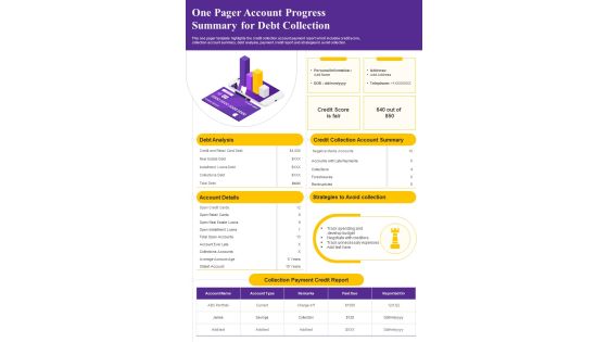 One Pager Account Progress Summary For Debt Collection PDF Document PPT Template One Pager Account Progress Summary For Debt Collection PDF Document PPT Template