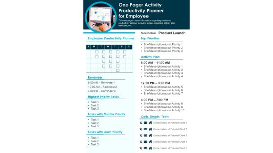 One Pager Activity Productivity Planner For Employee PDF Document PPT Template One Pager Activity Productivity Planner For Employee PDF Document PPT Template