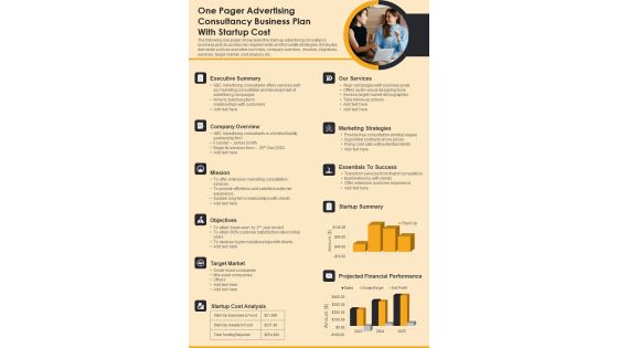 One Pager Advertising Consultancy Business Plan With Startup Cost PDF Document PPT Template One Pager Advertising Consultancy Business Plan With Startup Cost PDF Document PPT Template