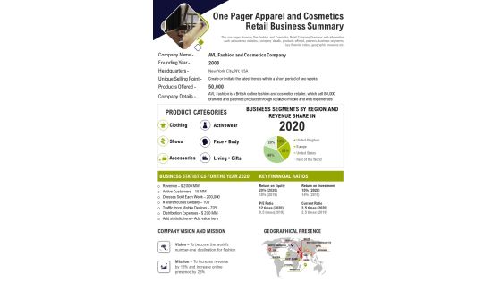 One Pager Apparel And Cosmetics Retail Business Summary PDF Document PPT Template One Pager Apparel And Cosmetics Retail Business Summary PDF Document PPT Template