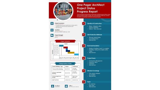One Pager Architect Project Status Progress Report PDF Document PPT Template