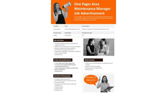 One Pager Area Maintenance Manager Job Advertisement PDF Document PPT Template One Pager Area Maintenance Manager Job Advertisement PDF Document PPT Template