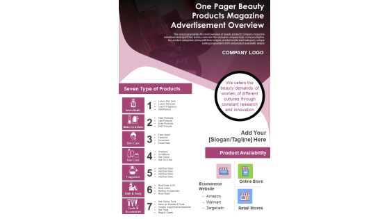 One Pager Beauty Products Magazine Advertisement Overview PDF Document PPT Template