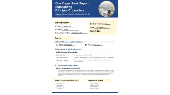 One Pager Book Report Highlighting Principal Characters PDF Document PPT Template One Pager Book Report Highlighting Principal Characters PDF Document PPT Template