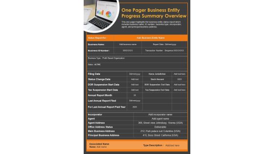 One Pager Business Entity Progress Summary Overview PDF Document PPT Template