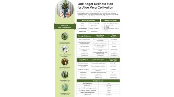 One Pager Business Plan For Aloe Vera Cultivation PDF Document PPT Template