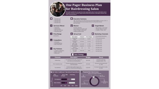 One Pager Business Plan For Hairdressing Salon PDF Document PPT Template