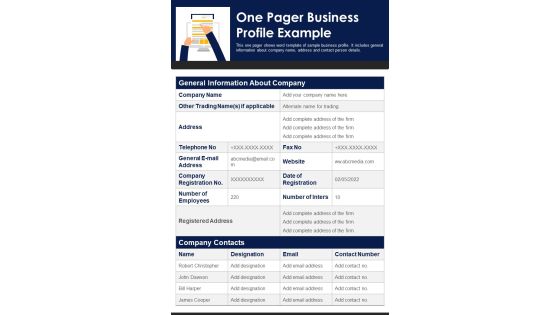 One Pager Business Profile Example PDF Document PPT Template