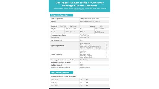 One Pager Business Profile Of Consumer Packaged Goods Company PDF Document PPT Template One Pager Business Profile Of Consumer Packaged Goods Company PDF Document PPT Template