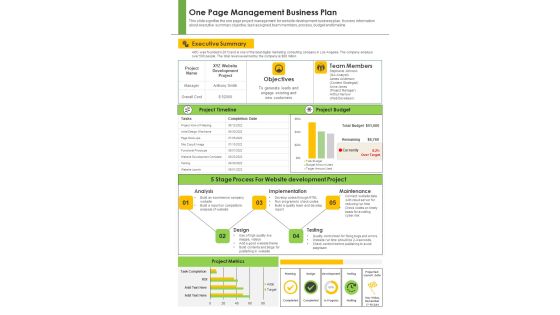 One Pager Business Project Management Plan PDF Document PPT Template One Pager Business Project Management Plan PDF Document PPT Template