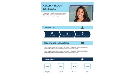 One Pager CV For Professional Sales Executive PDF Document PPT Template