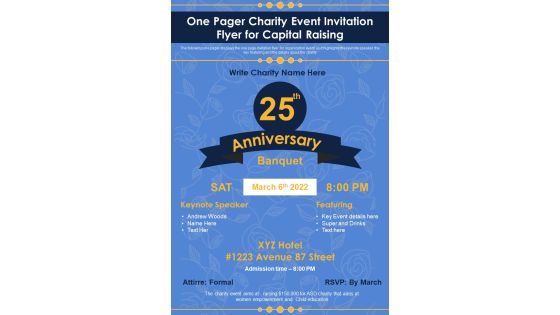 One Pager Charity Event Invitation Flyer For Capital Raising PDF Document PPT Template