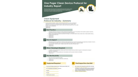One Pager Clean Device Protocol For Industry Report PDF Document PPT Template