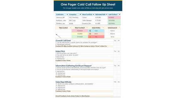 One Pager Cold Call Follow Up Sheet PDF Document PPT Template One Pager Cold Call Follow Up Sheet PDF Document PPT Template