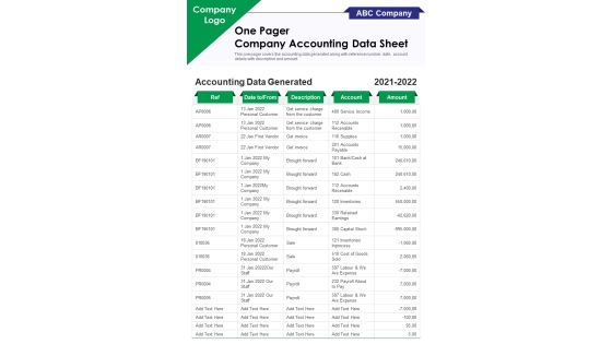 One Pager Company Accounting Data Sheet PDF Document PPT Template One Pager Company Accounting Data Sheet PDF Document PPT Template