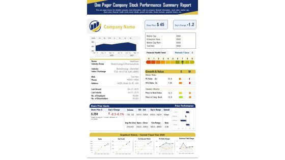 One Pager Company Stock Performance Summary Report PDF Document PPT Template