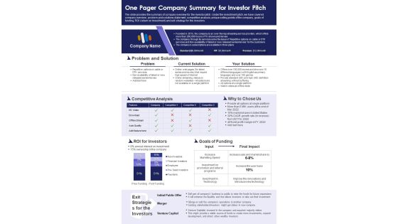 One Pager Company Summary For Investor Pitch PDF Document PPT Template One Pager Company Summary For Investor Pitch PDF Document PPT Template