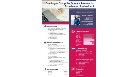 One Pager Computer Science Resume For Experienced Professional PDF Document PPT Template One Pager Computer Science Resume For Experienced Professional PDF Document PPT Template