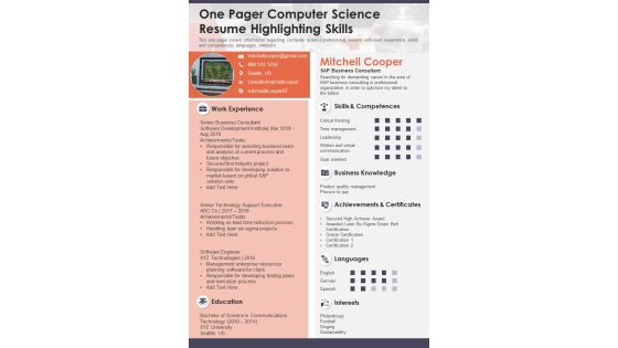 One Pager Computer Science Resume Highlighting Skills PDF Document PPT Template