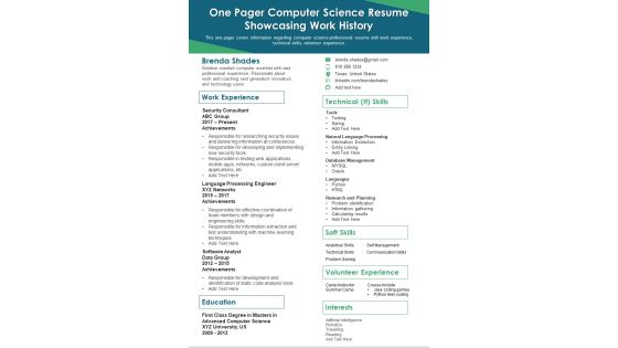 One Pager Computer Science Resume Showcasing Work History PDF Document PPT Template