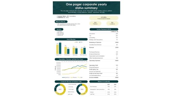 One Pager Corporate Yearly Status Summary PDF Document PPT Template One Pager Corporate Yearly Status Summary PDF Document PPT Template