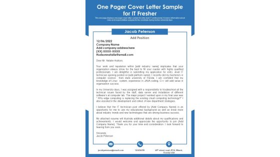 One Pager Cover Letter Sample For IT Fresher PDF Document PPT Template