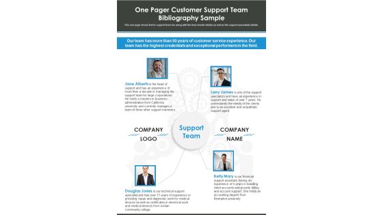 One Pager Customer Support Team Bibliography Sample PDF Document PPT Template One Pager Customer Support Team Bibliography Sample PDF Document PPT Template