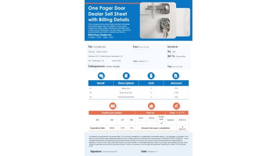 One Pager Door Dealer Sell Sheet With Billing Details PDF Document PPT Template One Pager Door Dealer Sell Sheet With Billing Details PDF Document PPT Template