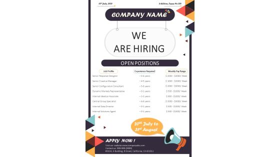 One Pager Email Newsletter For Business Job Advertisement PDF Document PPT Template