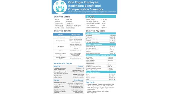 One Pager Employee Healthcare Benefit And Compensation Summary PDF Document PPT Template One Pager Employee Healthcare Benefit And Compensation Summary PDF Document PPT Template