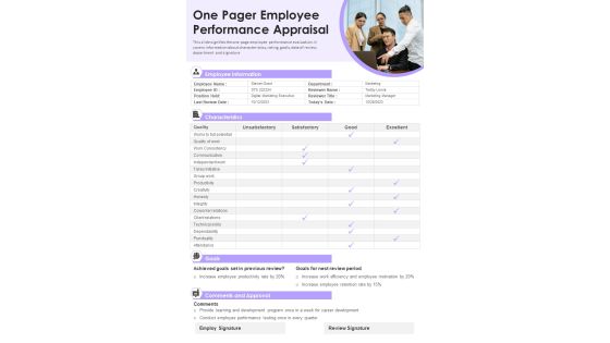 One Pager Employee Performance Appraisal PDF Document PPT Template One Pager Employee Performance Appraisal PDF Document PPT Template