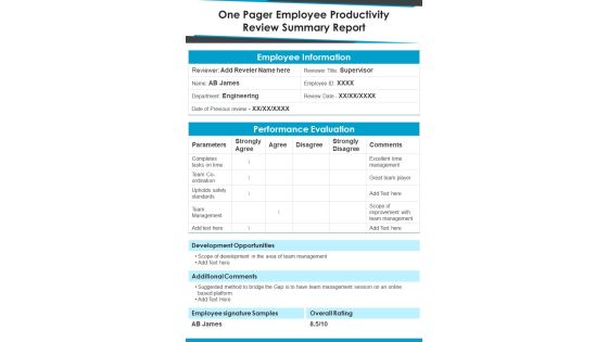 One Pager Employee Productivity Review Summary Report PDF Document PPT Template One Pager Employee Productivity Review Summary Report PDF Document PPT Template