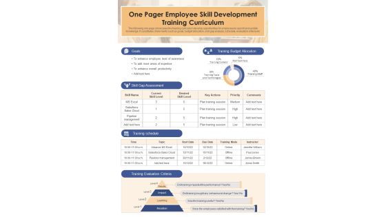One Pager Employee Skill Development Training Curriculum PDF Document PPT Template