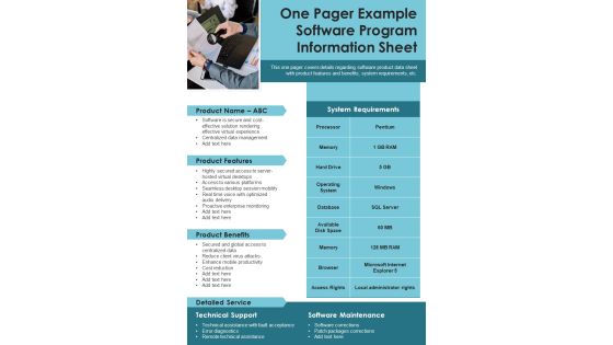 One Pager Example Software Program Information Sheet PDF Document PPT Template One Pager Example Software Program Information Sheet PDF Document PPT Template