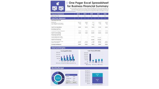 One Pager Excel Spreadsheet For Business Financial Summary PDF Document PPT Template One Pager Excel Spreadsheet For Business Financial Summary PDF Document PPT Template