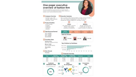 One Pager Executive Overview Of Fashion Firm PDF Document PPT Template
