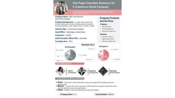 One Pager Executive Summary For E Commerce Retail Company PDF Document PPT Template One Pager Executive Summary For E Commerce Retail Company PDF Document PPT Template