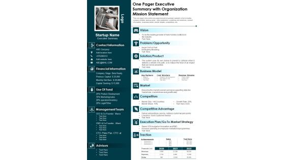 One Pager Executive Summary With Organization Mission Statement PDF Document PPT Template One Pager Executive Summary With Organization Mission Statement PDF Document PPT Template