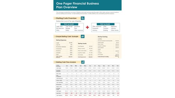 One Pager Financial Business Plan Overview PDF Document PPT Template