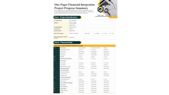 One Pager Financial Integration Project Progress Summary PDF Document PPT Template One Pager Financial Integration Project Progress Summary PDF Document PPT Template