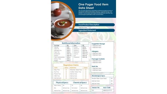 One Pager Food Item Data Sheet PDF Document PPT Template One Pager Food Item Data Sheet PDF Document PPT Template