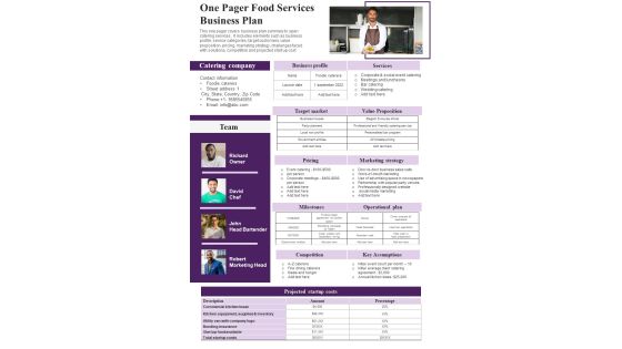 One Pager Food Services Business Plan PDF Document PPT Template One Pager Food Services Business Plan PDF Document PPT Template