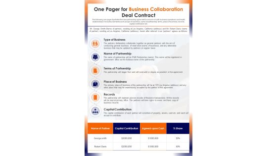One Pager For Business Collaboration Deal Contract PDF Document PPT Template