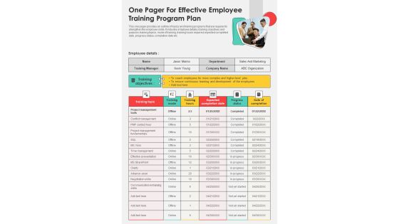 One Pager For Effective Employee Training Program Plan PDF Document PPT Template