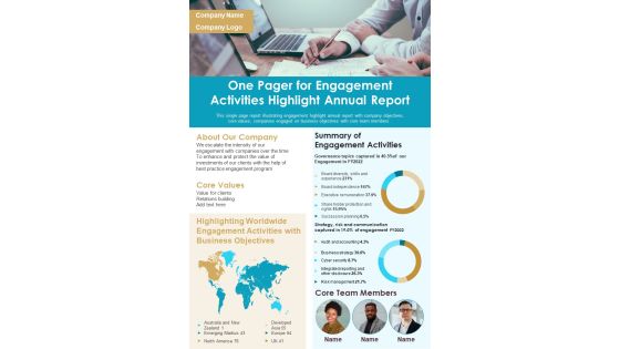 One Pager For Engagement Activities Highlight Annual Report PDF Document PPT Template One Pager For Engagement Activities Highlight Annual Report PDF Document PPT Template